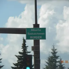 The Alberta-Saskatchewan border marker in downtown Lloydminster