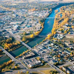 Aerial view of downtown Red Deer and its bridges