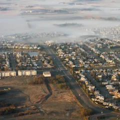 Aerial view of Leduc on a foggy morning