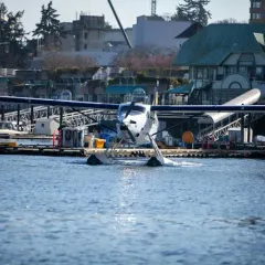 A boat on the water by the Nanaimo seaplane terminal