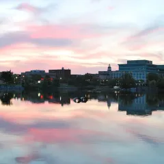 Downtown Peterborough at dusk from the Otonabee River