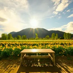 A bench in a field of flowers at the Chilliwack tulip festival